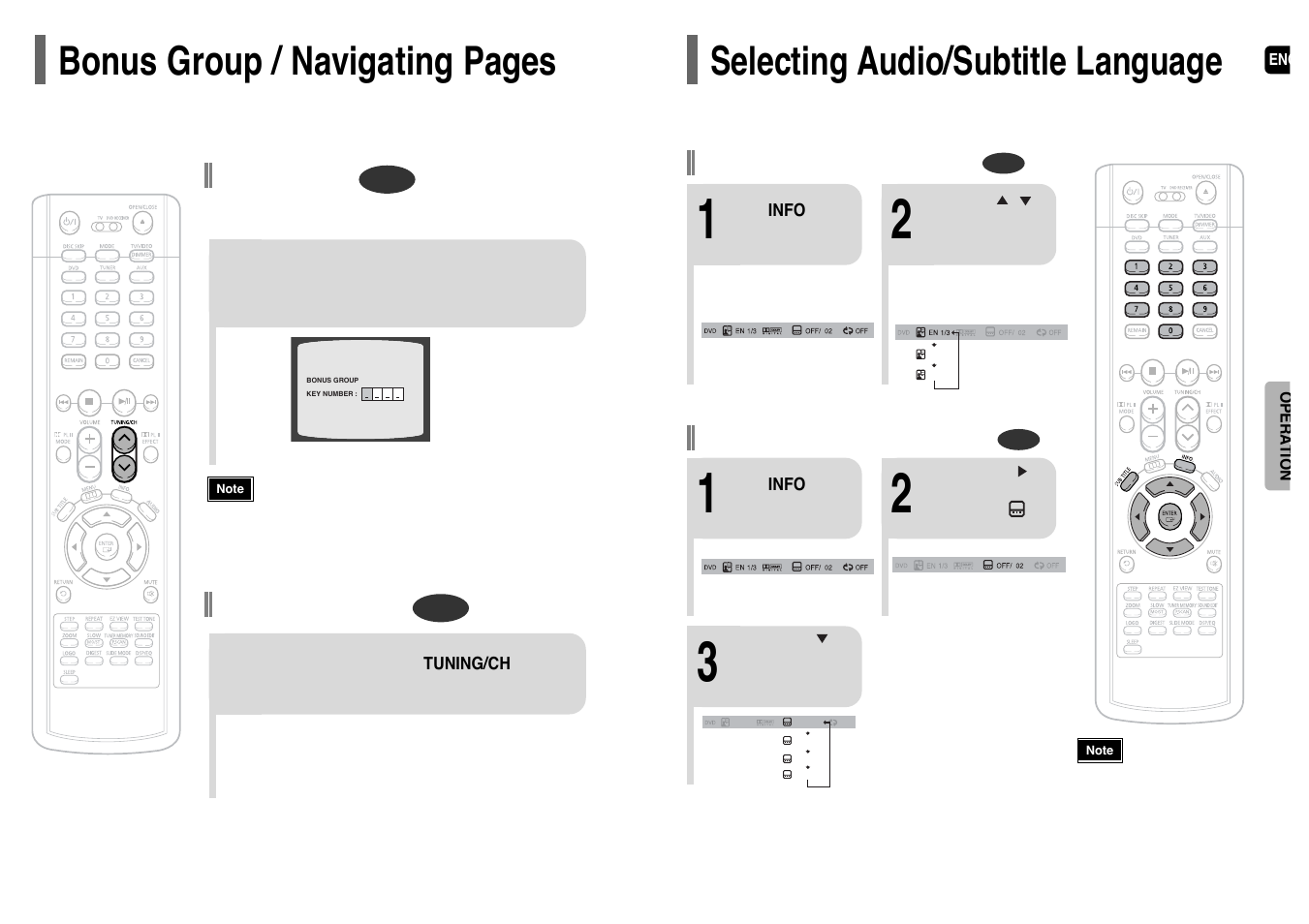 Selecting audio/subtitle language, Bonus group / navigating pages 40 39, Bonus group | Navigating pages, Audio language selection function, Subtitle language selection function | Samsung HT-WP38TH-XAA User Manual | Page 21 / 38