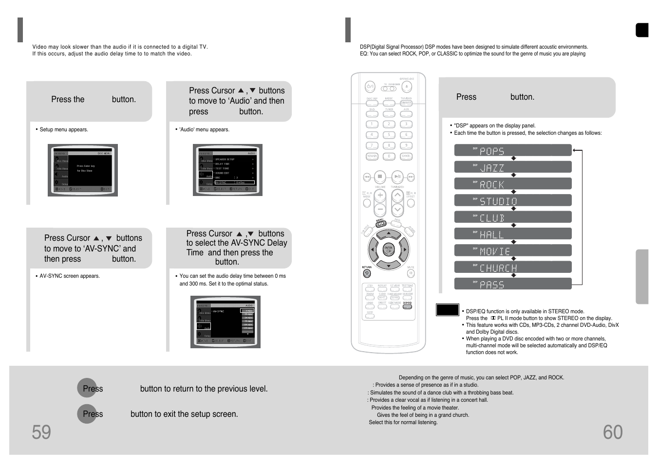 Av sync setup, Sound field (dsp)/eq function, Av sync setup 59 | Samsung HT-WP38TH-XAA User Manual | Page 31 / 38
