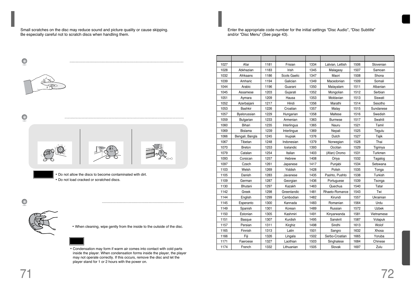 Cautions on handling and storing discs, Language code list, Language code list 71 | Samsung HT-WP38TH-XAA User Manual | Page 37 / 38