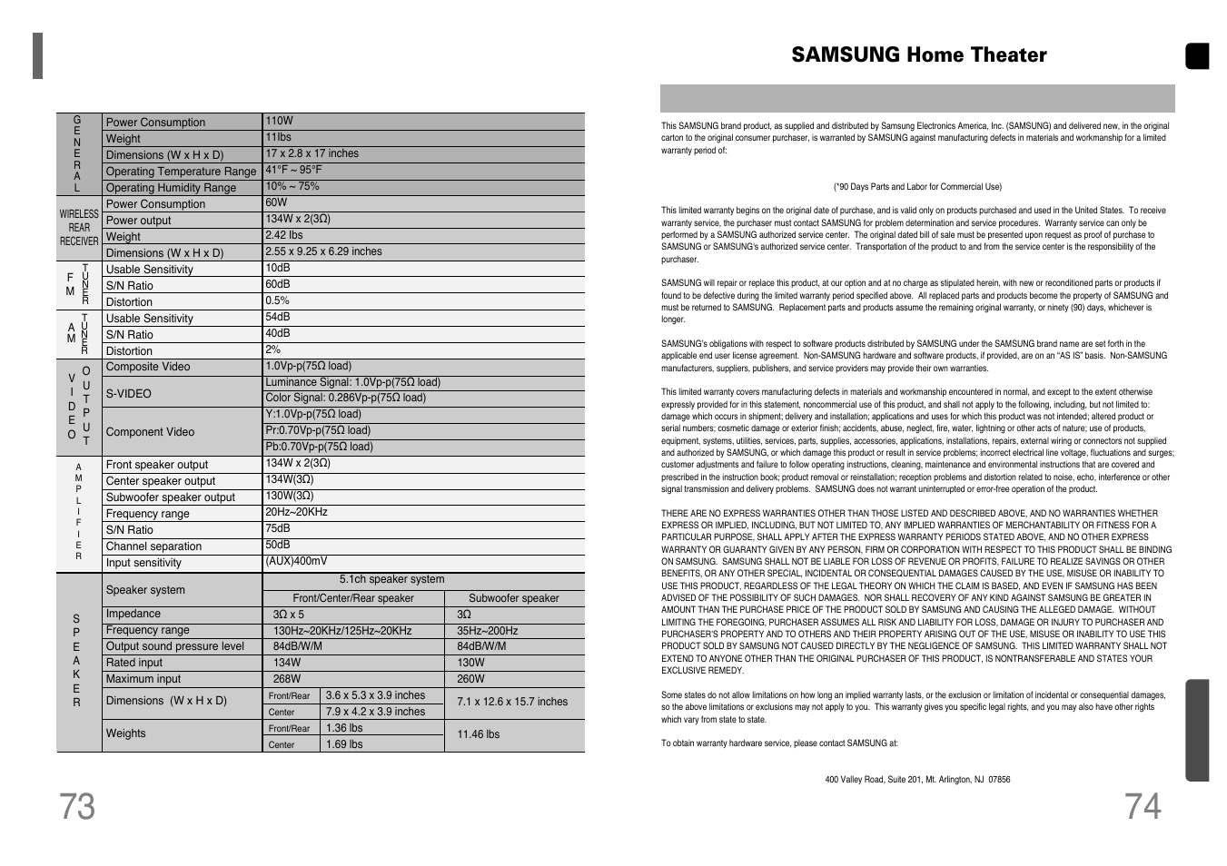 Specifications, Warranty, Specifications 74 | Samsung home theater | Samsung HT-WP38TH-XAA User Manual | Page 38 / 38