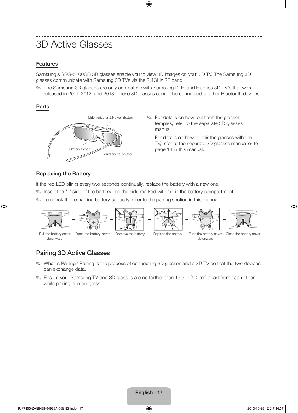 3d active glasses, Pairing 3d active glasses | Samsung UN55F7100AFXZA User Manual | Page 17 / 34