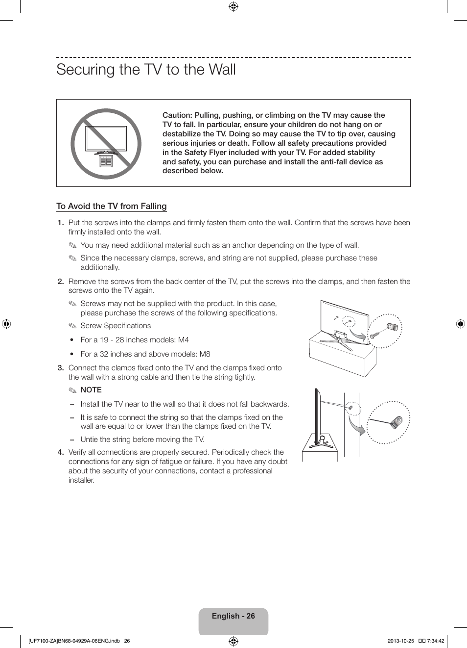 Securing the tv to the wall | Samsung UN55F7100AFXZA User Manual | Page 26 / 34