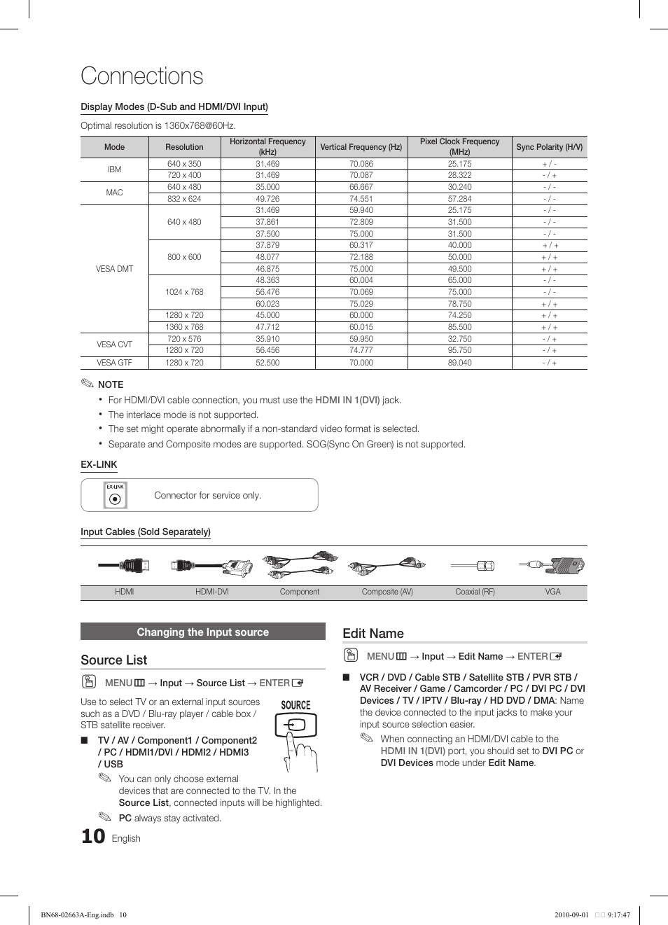 Connections, Source list, Edit name | Samsung LN32C450E1DXZA User Manual | Page 10 / 39