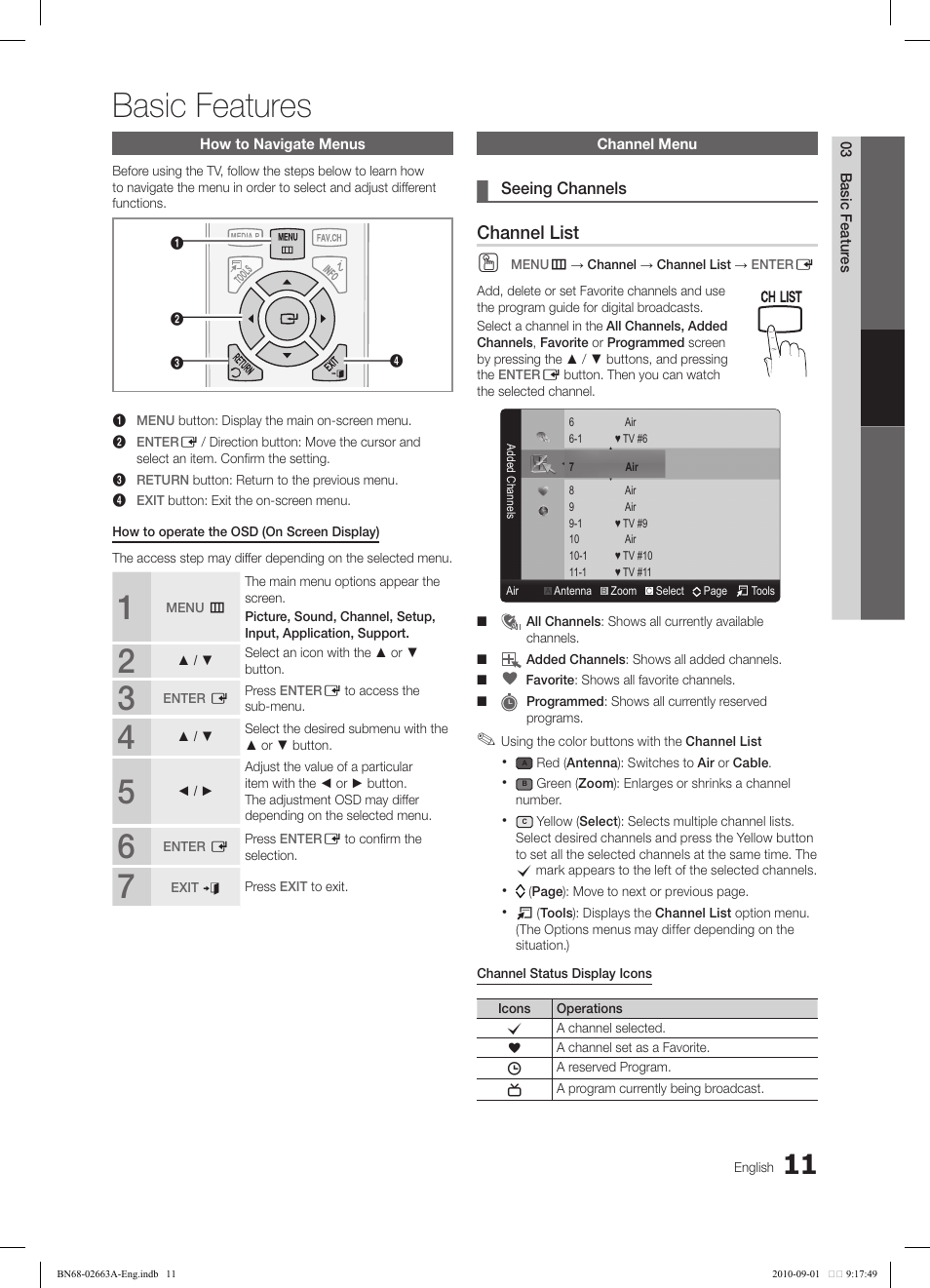 Basic features, Channel list | Samsung LN32C450E1DXZA User Manual | Page 11 / 39