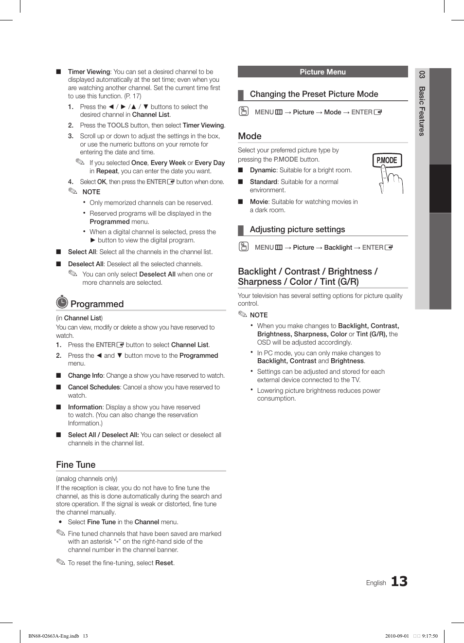 Programmed, Fine tune, Mode | Samsung LN32C450E1DXZA User Manual | Page 13 / 39