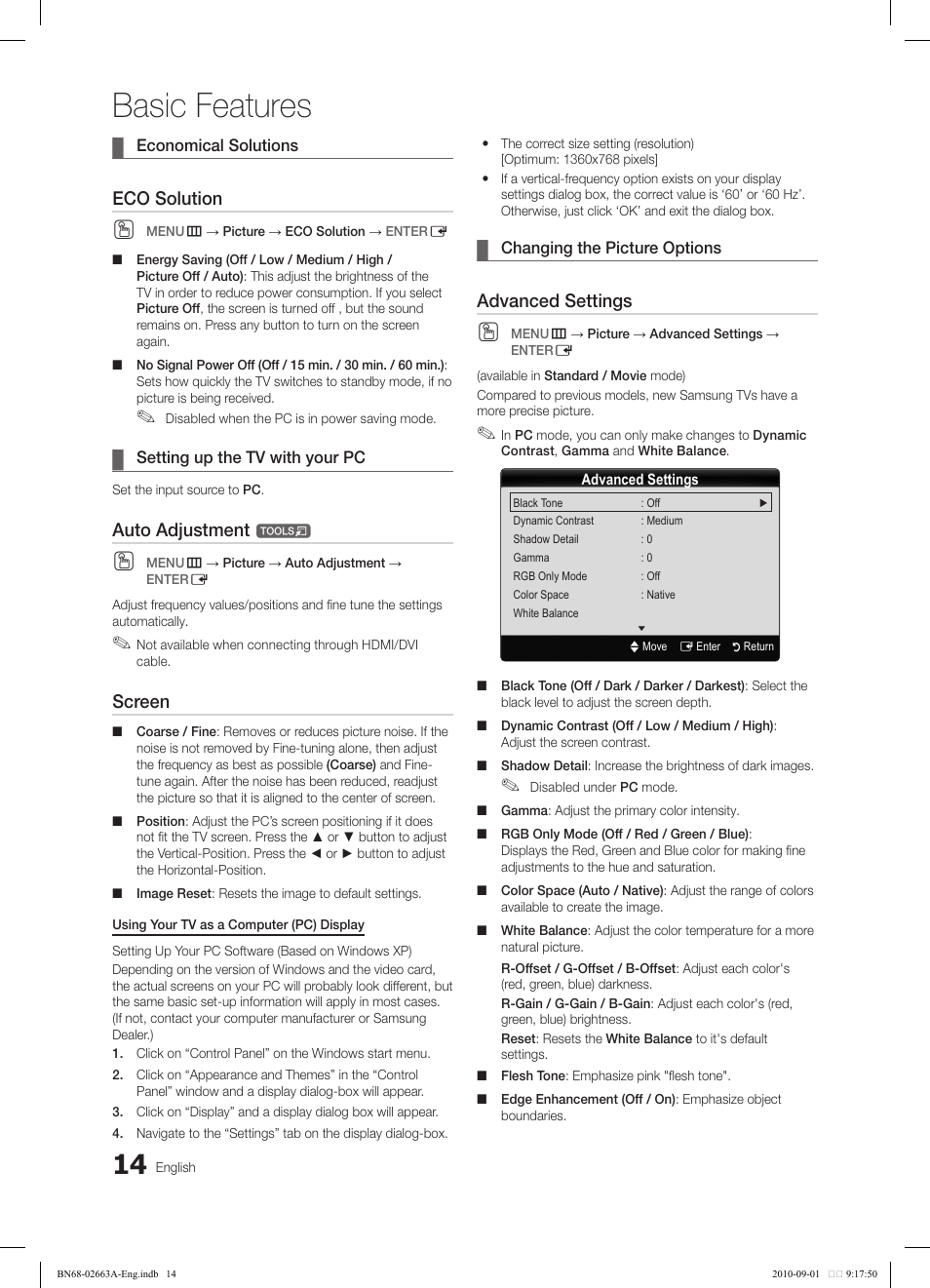 Basic features, Eco solution, Auto adjustment | Screen, Advanced settings | Samsung LN32C450E1DXZA User Manual | Page 14 / 39