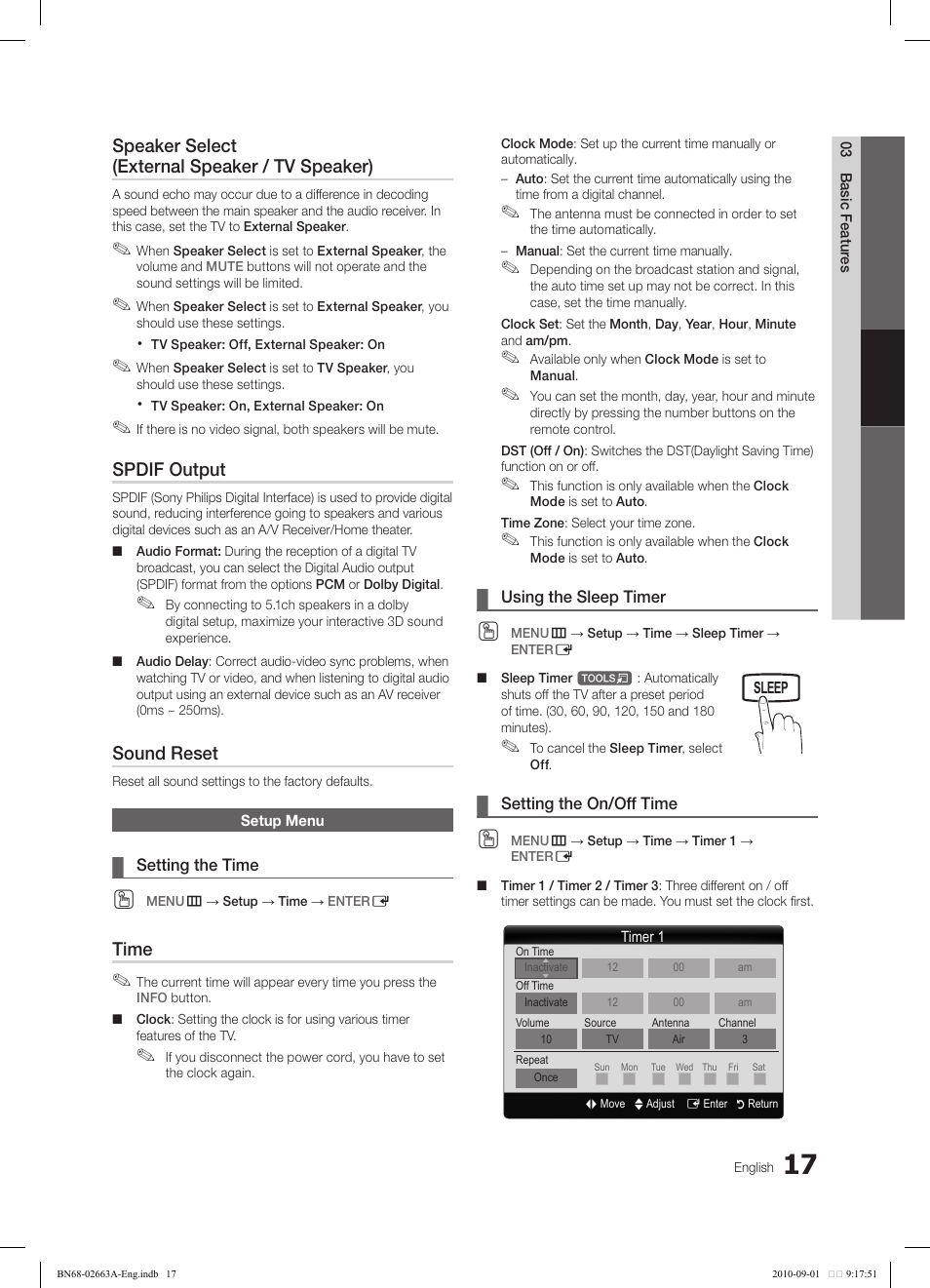 Speaker select (external speaker / tv speaker), Spdif output, Sound reset | Time | Samsung LN32C450E1DXZA User Manual | Page 17 / 39