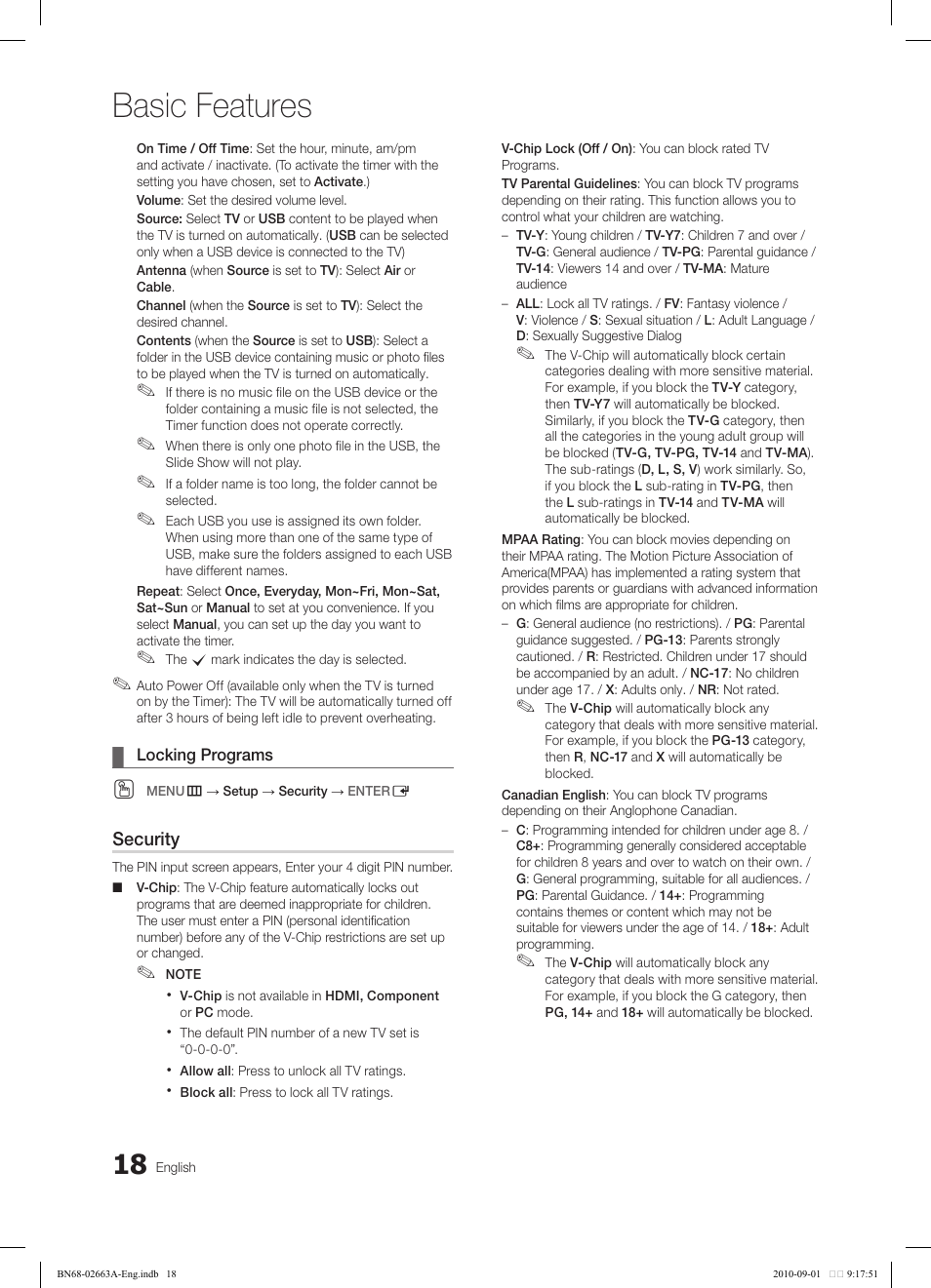 Basic features, Security | Samsung LN32C450E1DXZA User Manual | Page 18 / 39