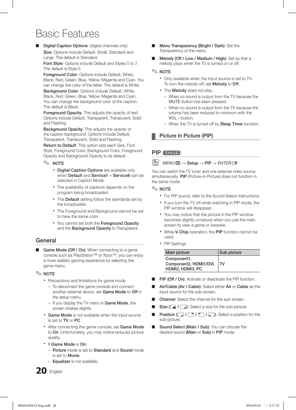 Basic features, General | Samsung LN32C450E1DXZA User Manual | Page 20 / 39