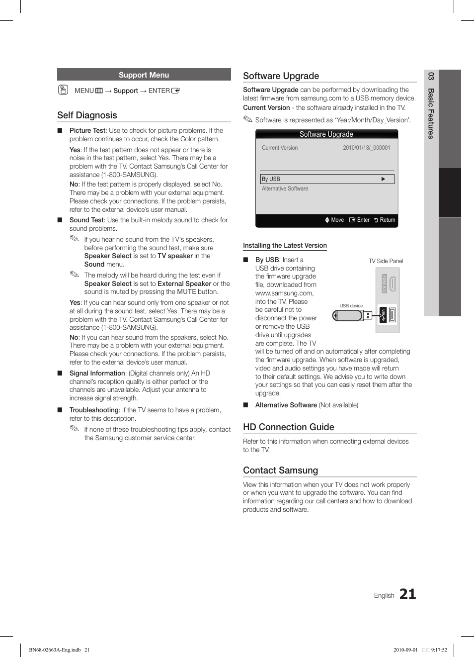 Self diagnosis, Software upgrade, Hd connection guide | Contact samsung | Samsung LN32C450E1DXZA User Manual | Page 21 / 39