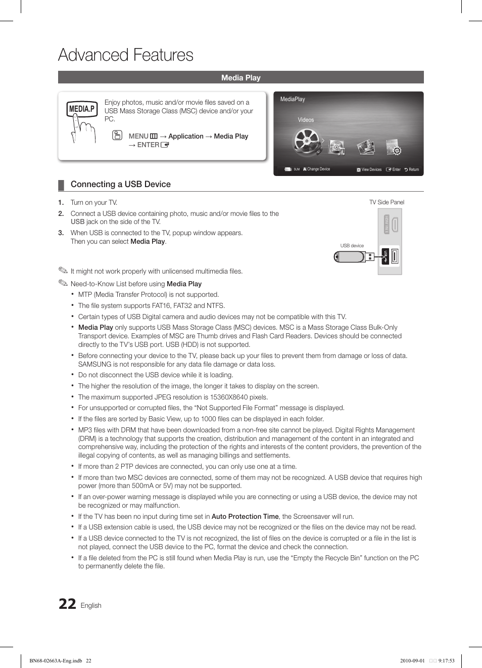 Advanced features | Samsung LN32C450E1DXZA User Manual | Page 22 / 39