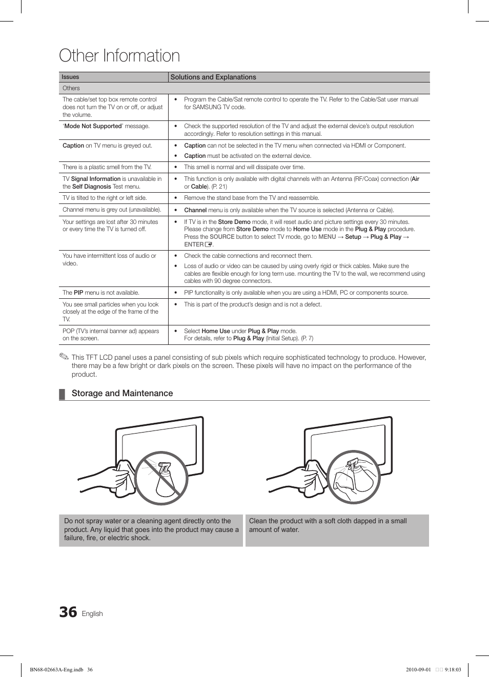 Other information, Storage and maintenance | Samsung LN32C450E1DXZA User Manual | Page 36 / 39