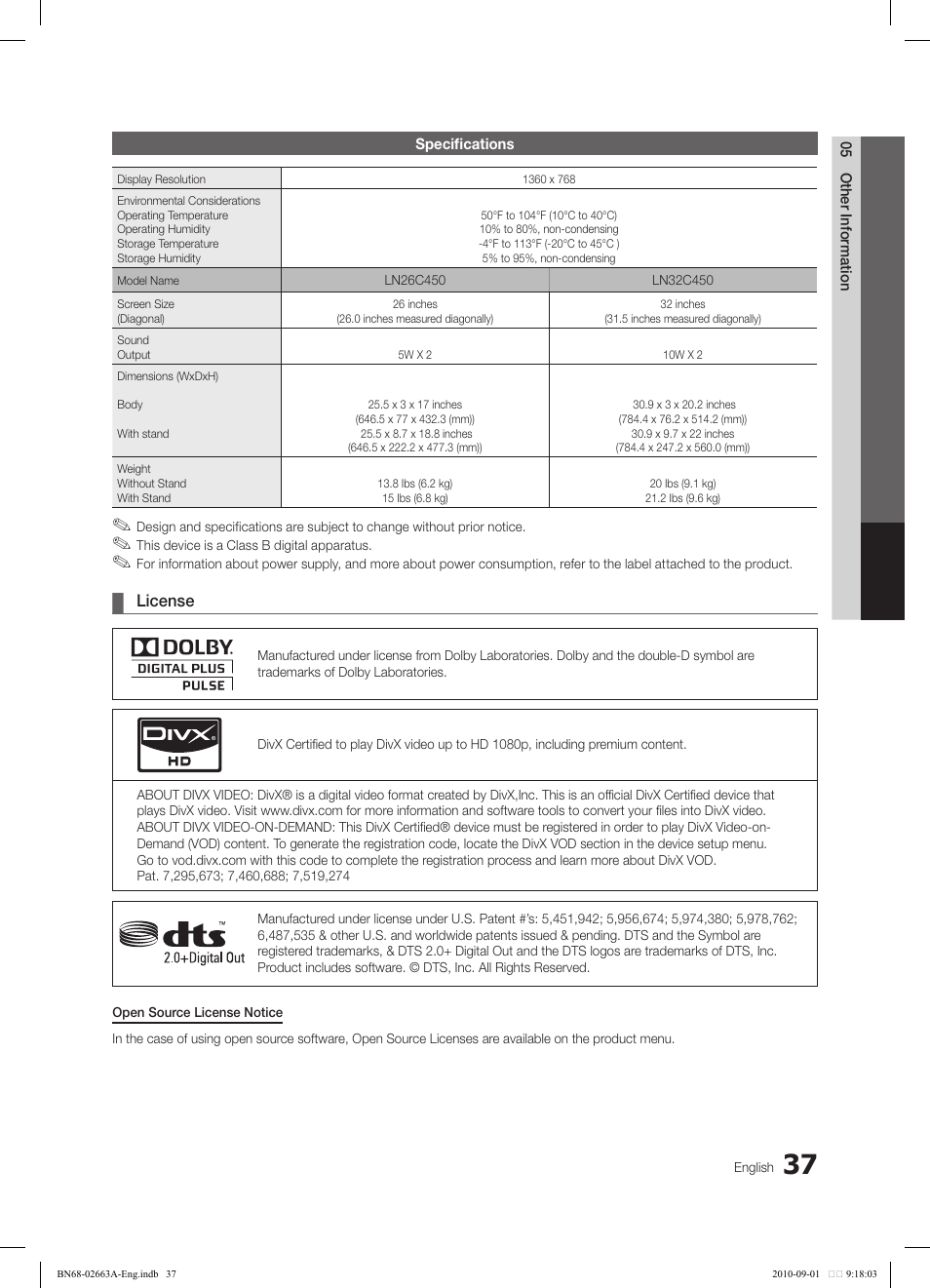 Samsung LN32C450E1DXZA User Manual | Page 37 / 39