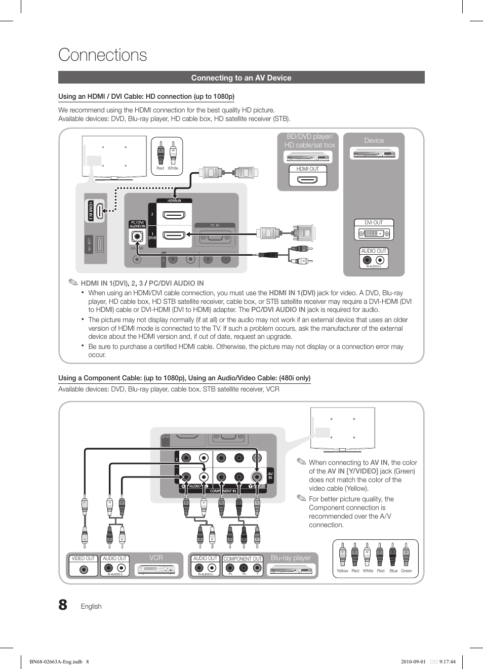 Connections, Connecting to an av device, English | Bd/dvd player/ hd cable/sat box, When connecting to, Blu-ray player | Samsung LN32C450E1DXZA User Manual | Page 8 / 39