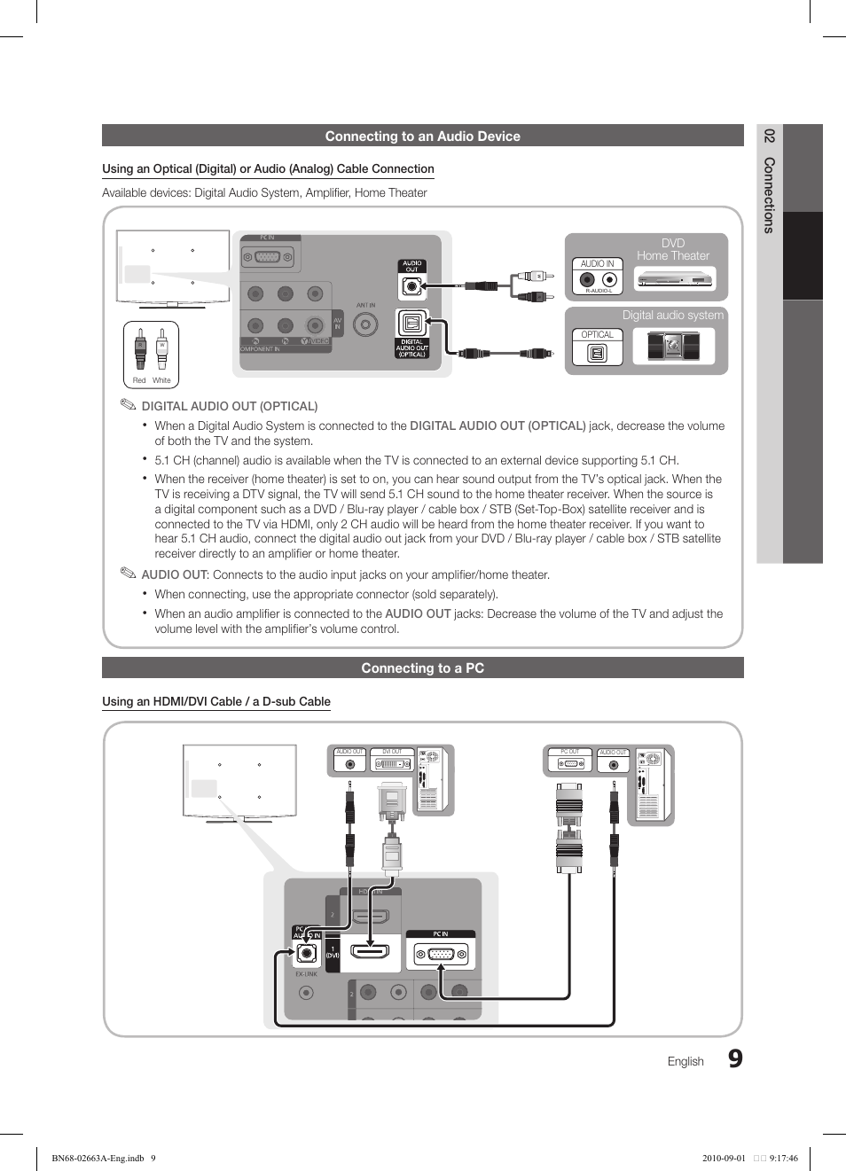 02 connections connecting to an audio device, Connecting to a pc, English | When a digital audio system is connected to the, When an audio amplifier is connected to the, Using an hdmi/dvi cable / a d-sub cable, Dvd home theater digital audio system | Samsung LN32C450E1DXZA User Manual | Page 9 / 39
