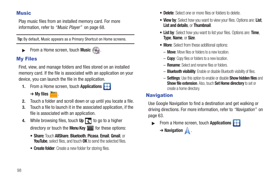 Music, My files, Navigation | Music my files navigation | Samsung YP-G1CW-XAA User Manual | Page 102 / 157