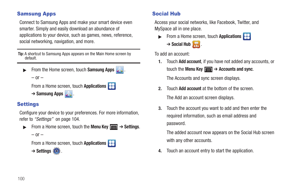 Samsung apps, Settings, Social hub | Settings social hub | Samsung YP-G1CW-XAA User Manual | Page 104 / 157