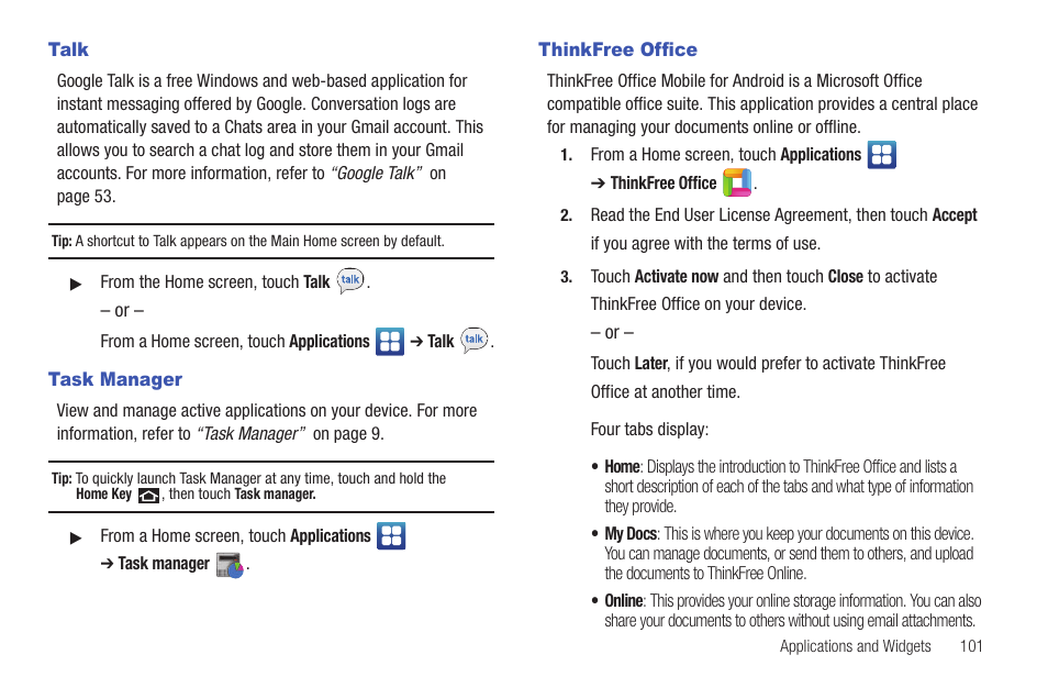Talk, Task manager, Thinkfree office | Talk task manager thinkfree office | Samsung YP-G1CW-XAA User Manual | Page 105 / 157