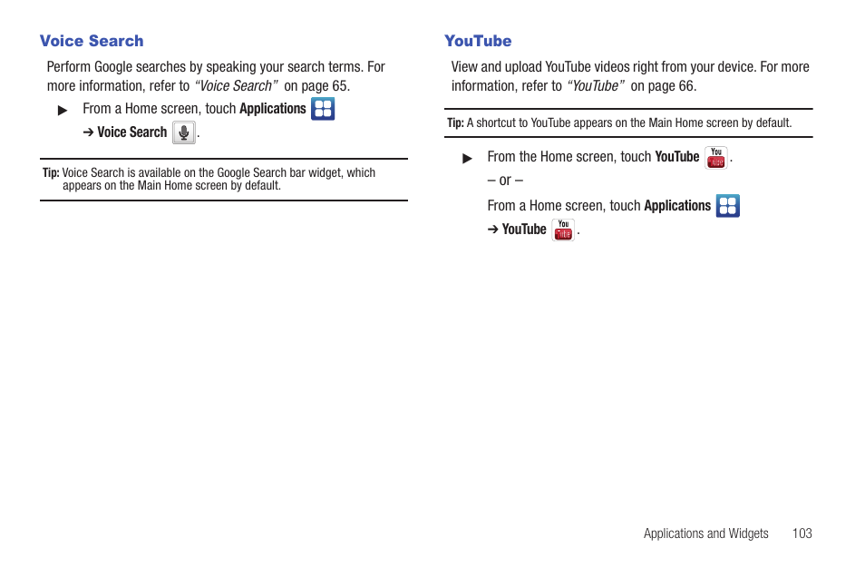 Voice search, Youtube, Voice search youtube | Samsung YP-G1CW-XAA User Manual | Page 107 / 157