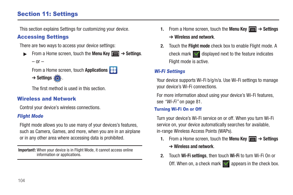 Section 11: settings, Accessing settings, Wireless and network | Accessing settings wireless and network | Samsung YP-G1CW-XAA User Manual | Page 108 / 157