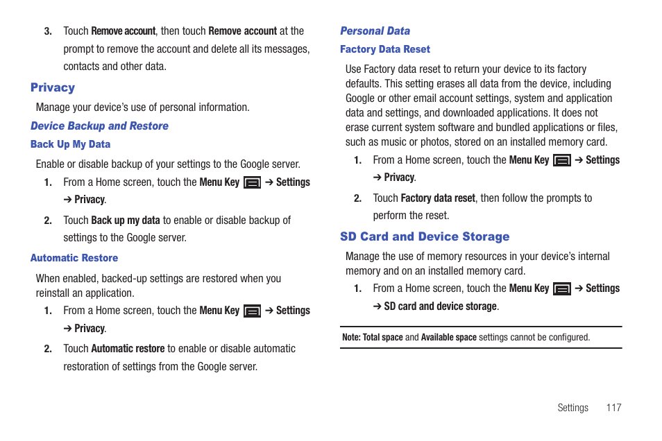 Privacy, Sd card and device storage, Privacy sd card and device storage | Samsung YP-G1CW-XAA User Manual | Page 121 / 157