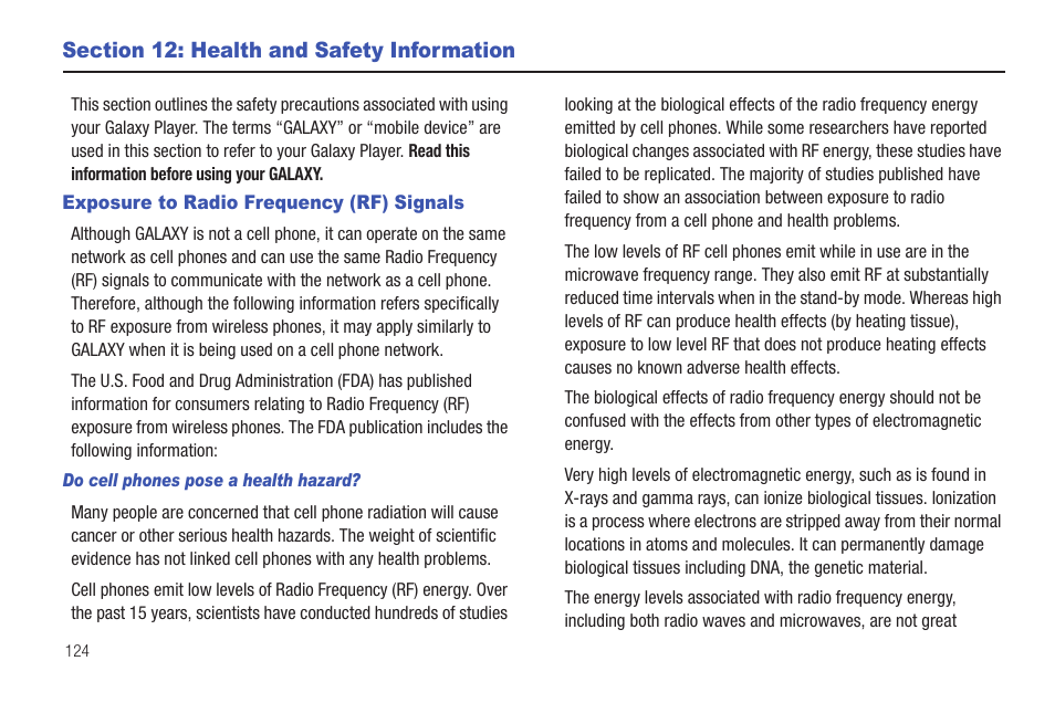 Section 12: health and safety information, Exposure to radio frequency (rf) signals | Samsung YP-G1CW-XAA User Manual | Page 128 / 157