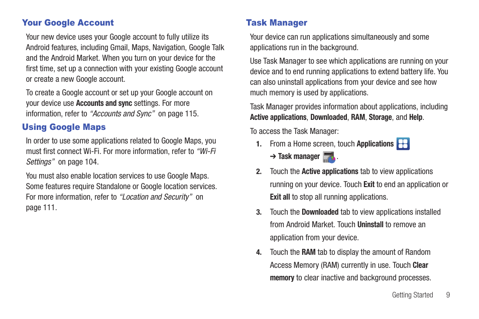Your google account, Using google maps, Task manager | Your google account using google maps task manager | Samsung YP-G1CW-XAA User Manual | Page 13 / 157