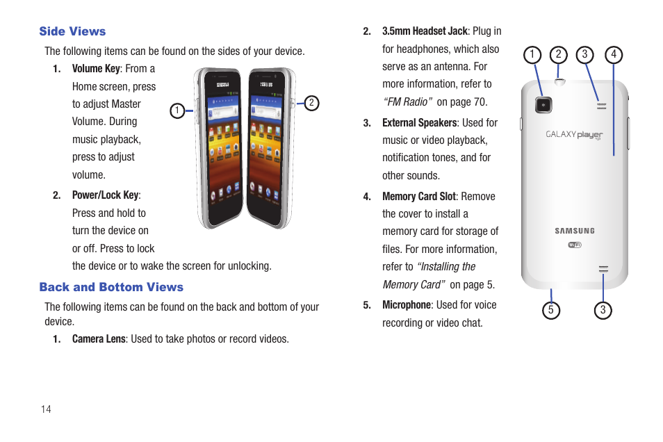 Side views, Back and bottom views, Side views back and bottom views | Samsung YP-G1CW-XAA User Manual | Page 18 / 157