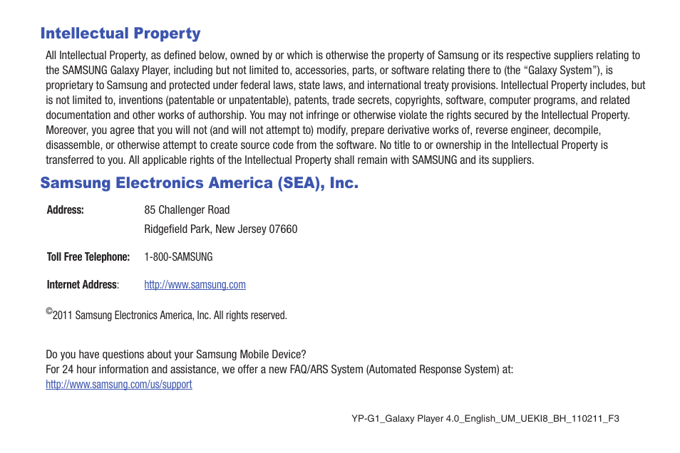 Intellectual property, Samsung electronics america (sea), inc | Samsung YP-G1CW-XAA User Manual | Page 2 / 157