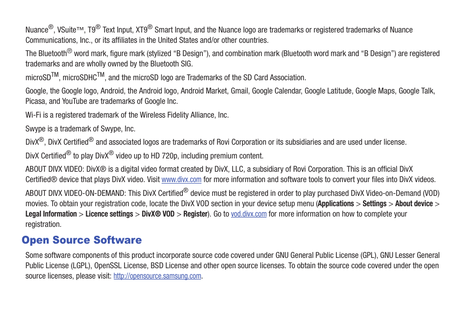 Open source software | Samsung YP-G1CW-XAA User Manual | Page 3 / 157