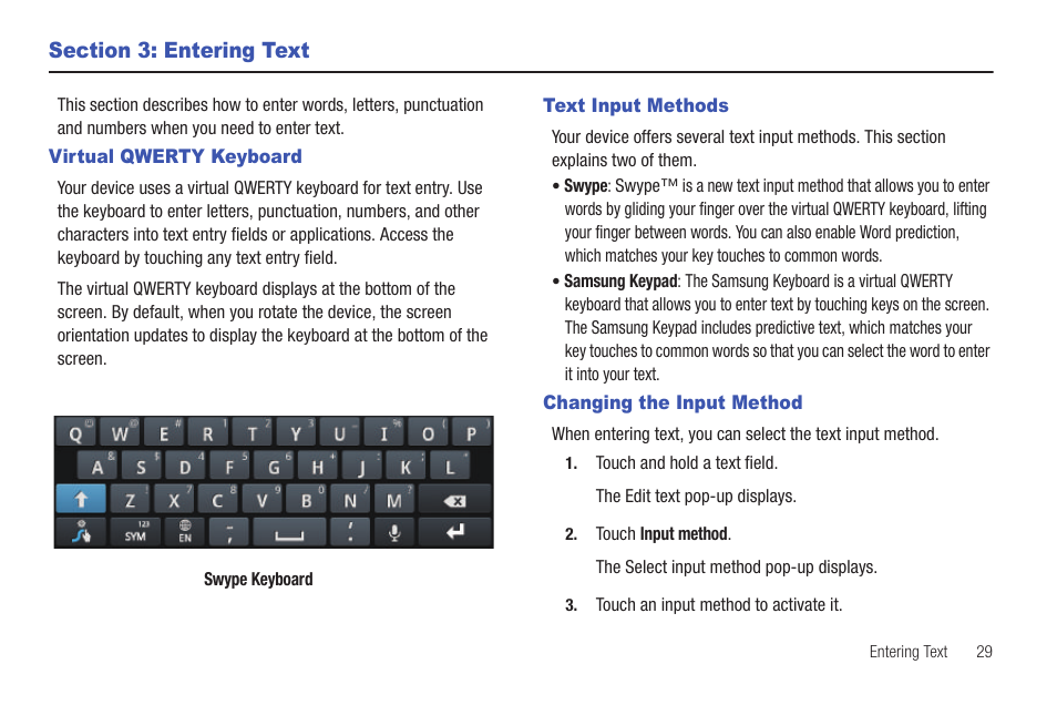 Section 3: entering text, Virtual qwerty keyboard, Text input methods | Changing the input method | Samsung YP-G1CW-XAA User Manual | Page 33 / 157