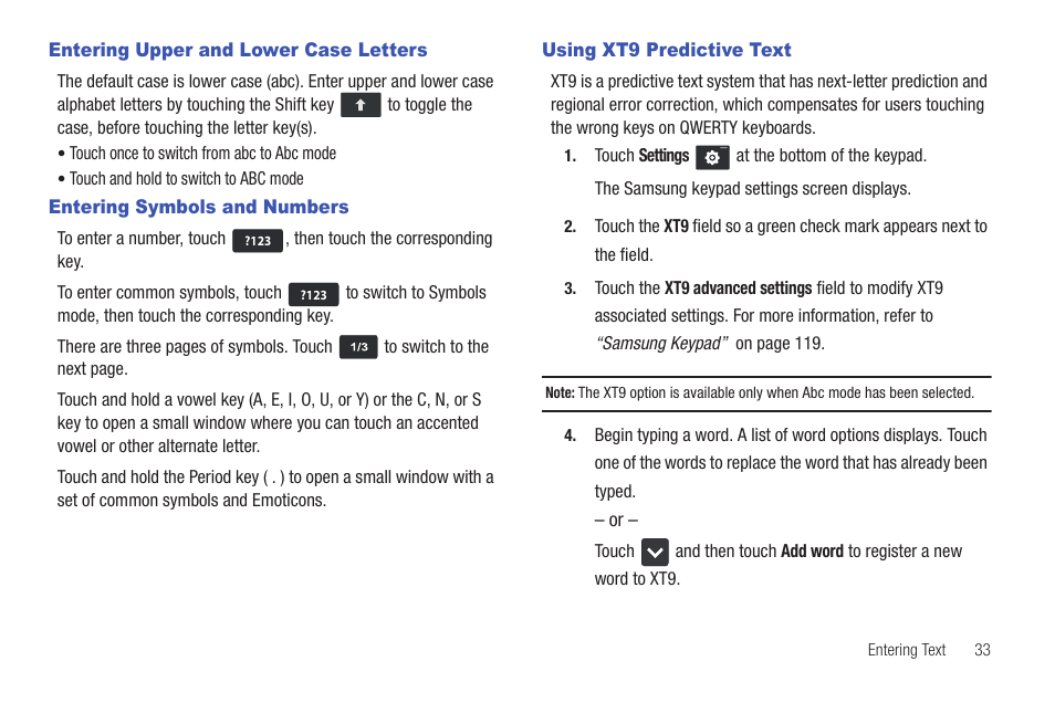 Entering upper and lower case letters, Entering symbols and numbers, Using xt9 predictive text | Samsung YP-G1CW-XAA User Manual | Page 37 / 157