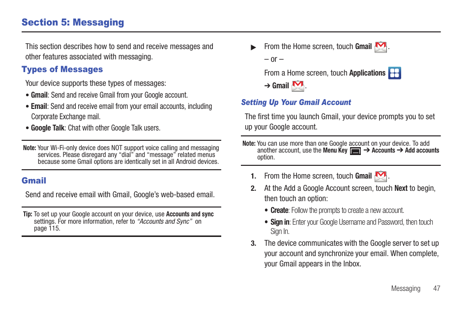 Section 5: messaging, Types of messages, Gmail | Types of messages gmail | Samsung YP-G1CW-XAA User Manual | Page 51 / 157