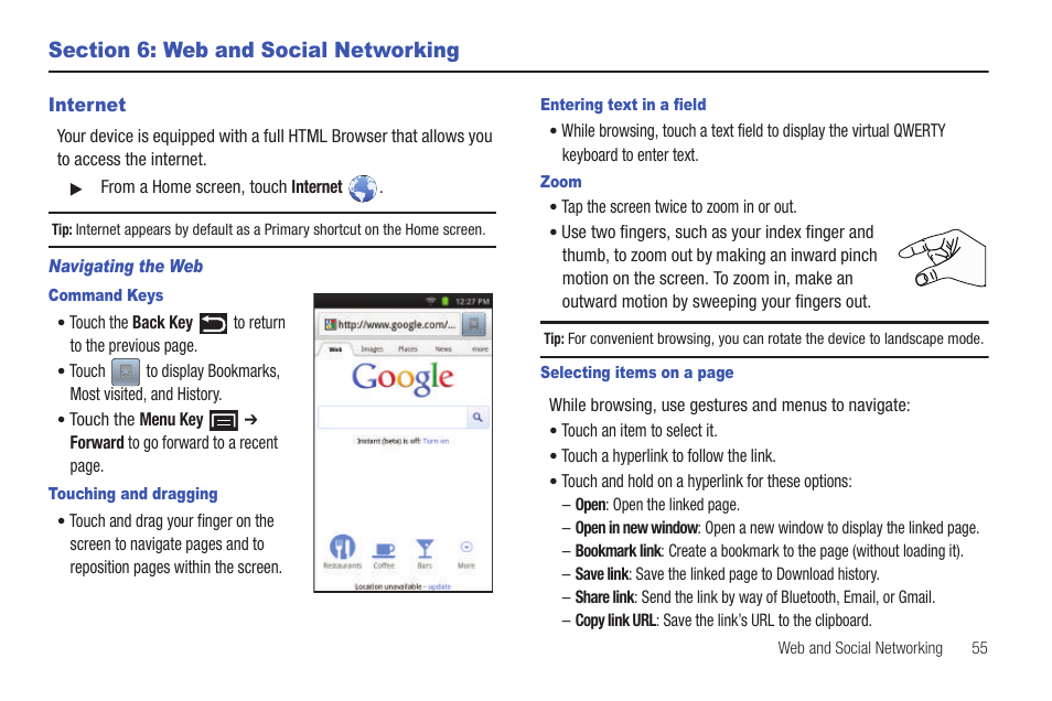 Section 6: web and social networking, Internet | Samsung YP-G1CW-XAA User Manual | Page 59 / 157