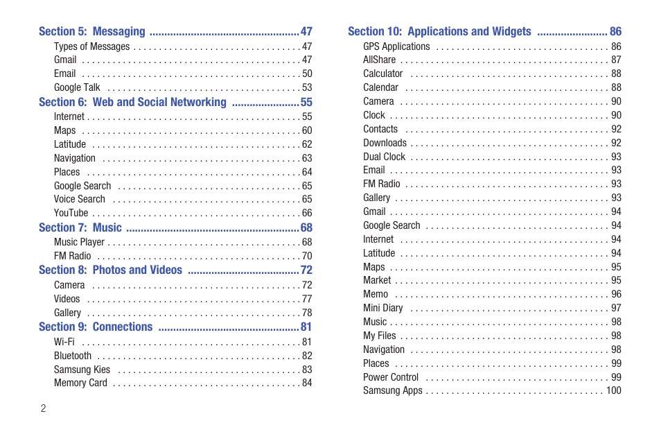 Section 5: messaging 47, Section 6: web and social networking 55, Section 7: music 68 | Section 8: photos and videos 72, Section 9: connections 81, Section 10: applications and widgets 86 | Samsung YP-G1CW-XAA User Manual | Page 6 / 157