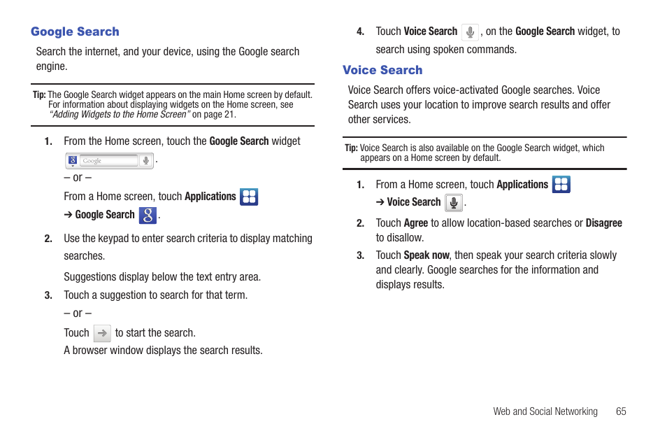 Google search, Voice search, Google search voice search | Samsung YP-G1CW-XAA User Manual | Page 69 / 157