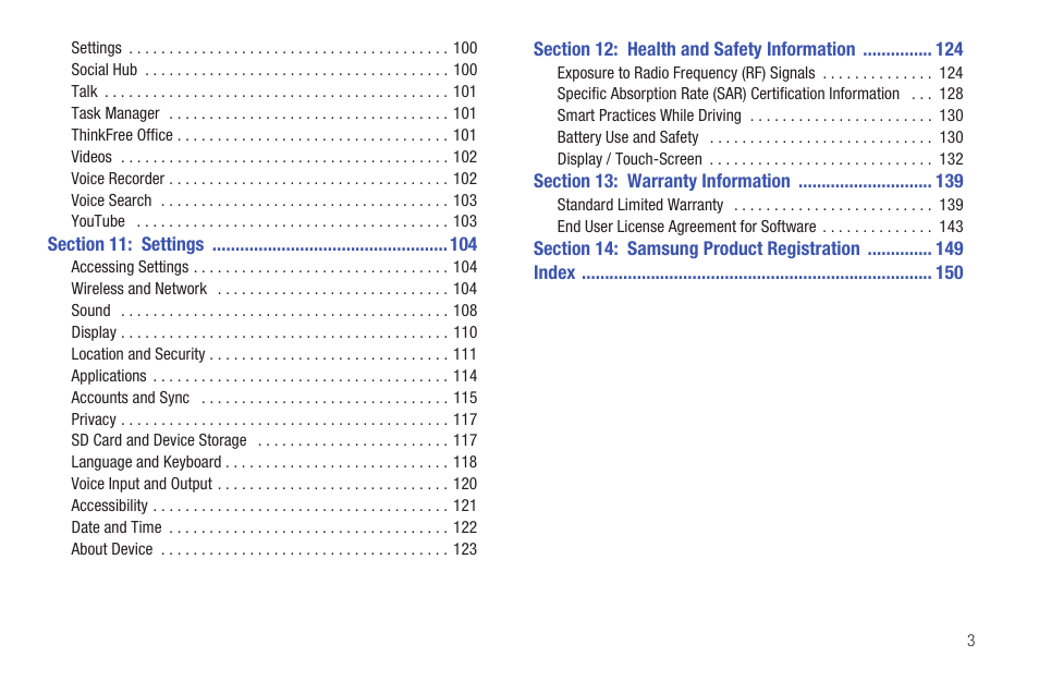 Section 11: settings 104, Section 12: health and safety information 124, Section 13: warranty information 139 | Section 14: samsung product registration 149 | Samsung YP-G1CW-XAA User Manual | Page 7 / 157