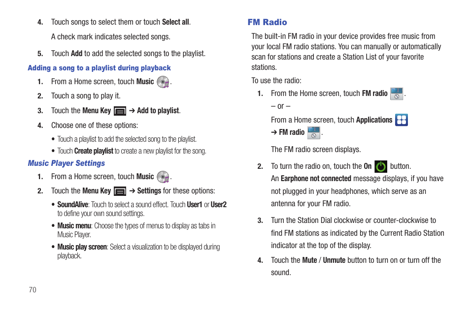 Fm radio, Tenna. for, More information, refer to | Samsung YP-G1CW-XAA User Manual | Page 74 / 157