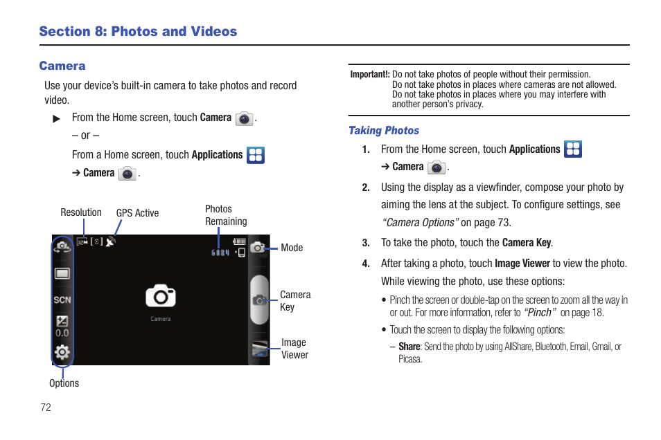 Section 8: photos and videos, Camera | Samsung YP-G1CW-XAA User Manual | Page 76 / 157