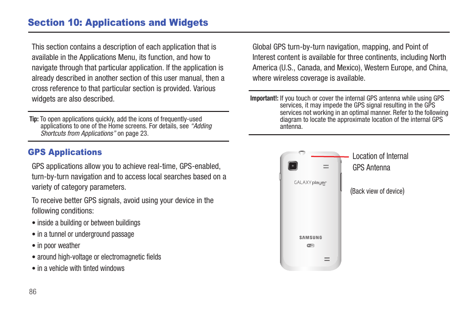 Section 10: applications and widgets, Gps applications | Samsung YP-G1CW-XAA User Manual | Page 90 / 157