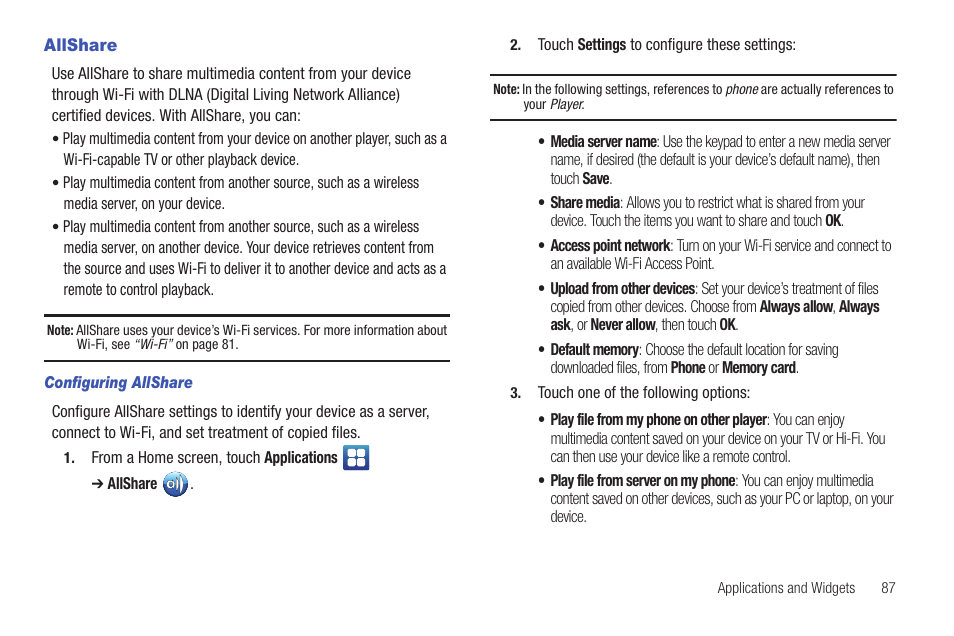 Allshare | Samsung YP-G1CW-XAA User Manual | Page 91 / 157
