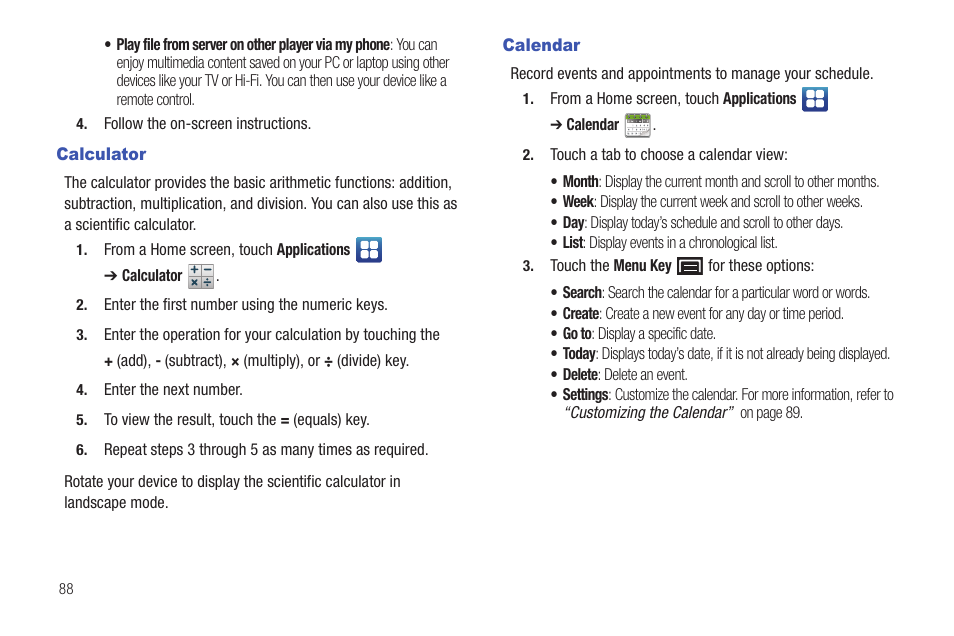 Calculator, Calendar, Calculator calendar | Samsung YP-G1CW-XAA User Manual | Page 92 / 157