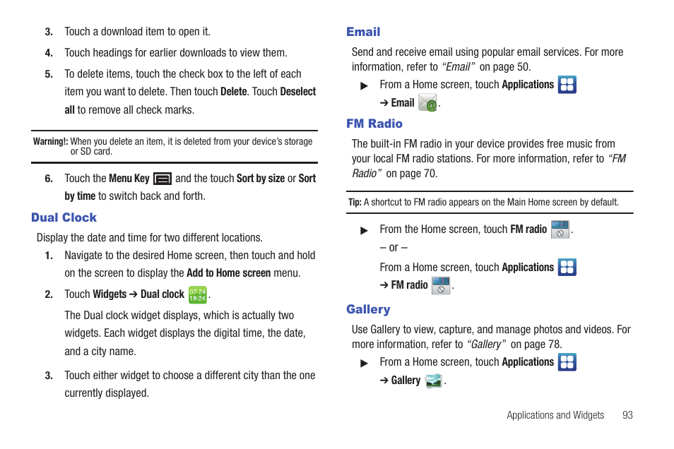Dual clock, Email, Fm radio | Gallery, Dual clock email fm radio gallery | Samsung YP-G1CW-XAA User Manual | Page 97 / 157