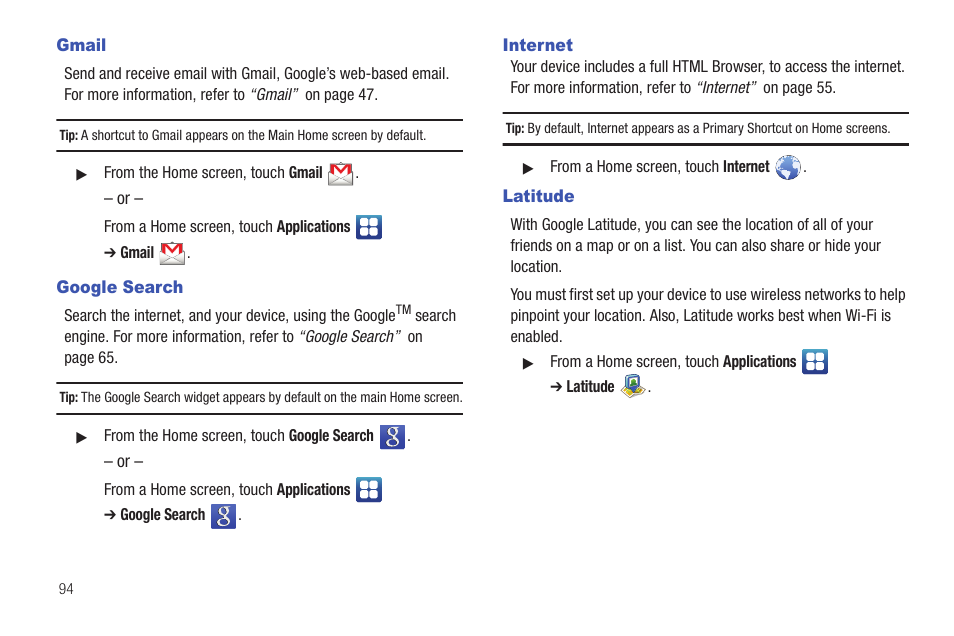 Gmail, Google search, Internet | Latitude, Gmail google search internet latitude | Samsung YP-G1CW-XAA User Manual | Page 98 / 157