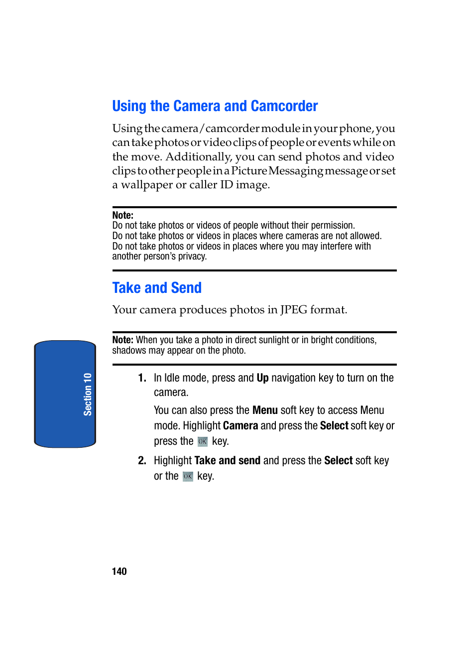 Using the camera and camcorder take and send, Using the camera and camcorder, Take and send | Samsung SGH-T709BKBTMB User Manual | Page 144 / 242