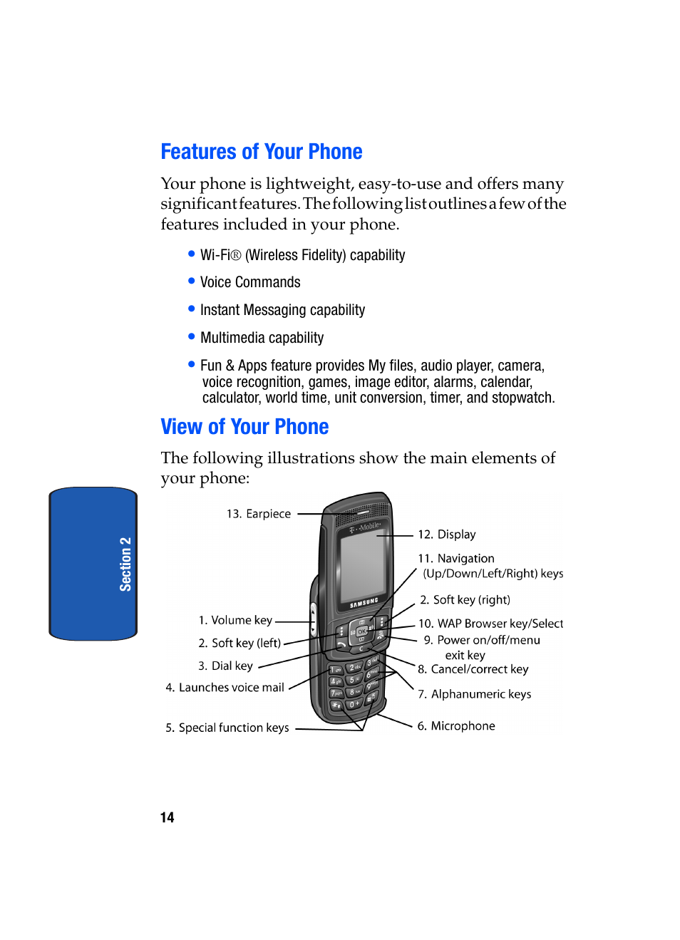 Features of your phone view of your phone, Features of your phone, View of your phone | Samsung SGH-T709BKBTMB User Manual | Page 18 / 242