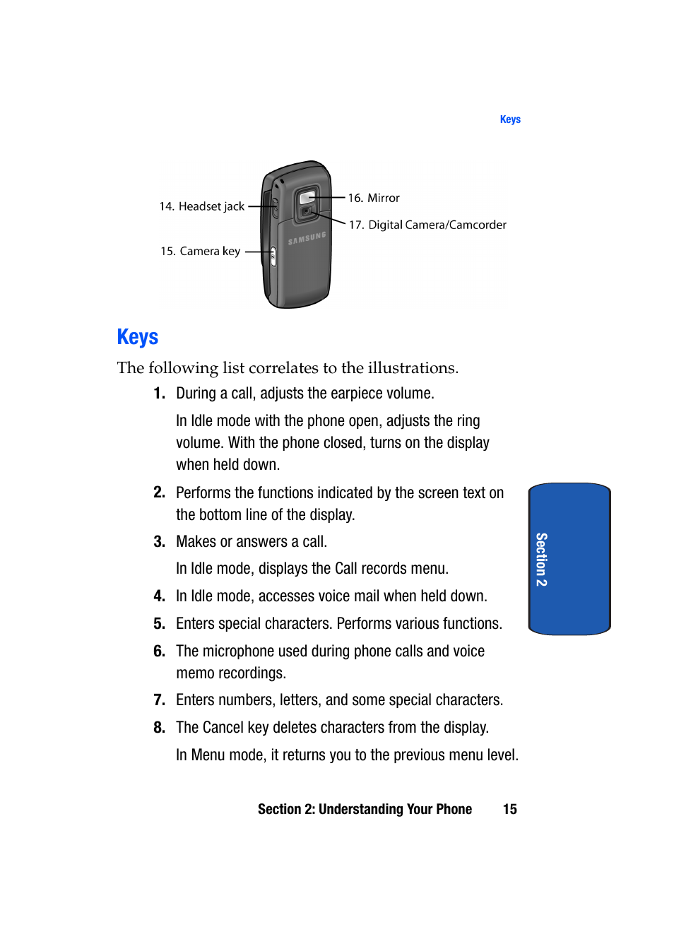 Keys | Samsung SGH-T709BKBTMB User Manual | Page 19 / 242