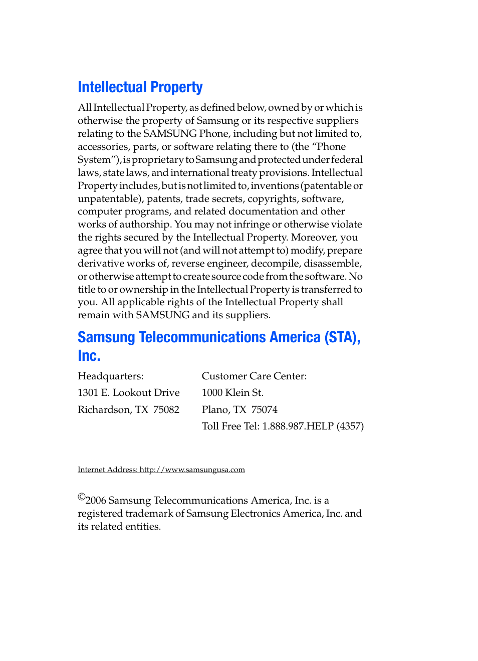 Intellectual property, Samsung telecommunications america (sta), inc | Samsung SGH-T709BKBTMB User Manual | Page 2 / 242