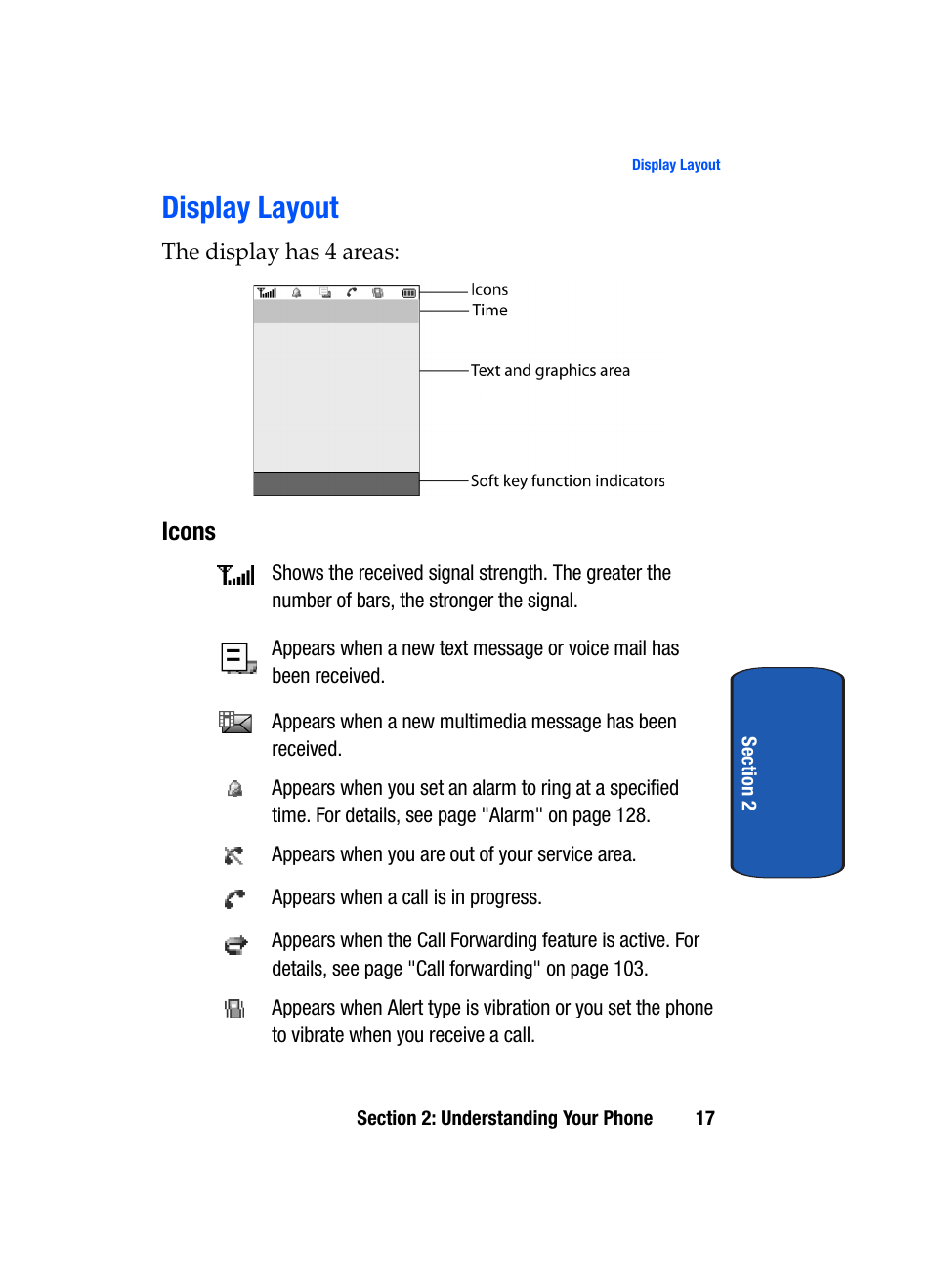 Display layout, Icons | Samsung SGH-T709BKBTMB User Manual | Page 21 / 242