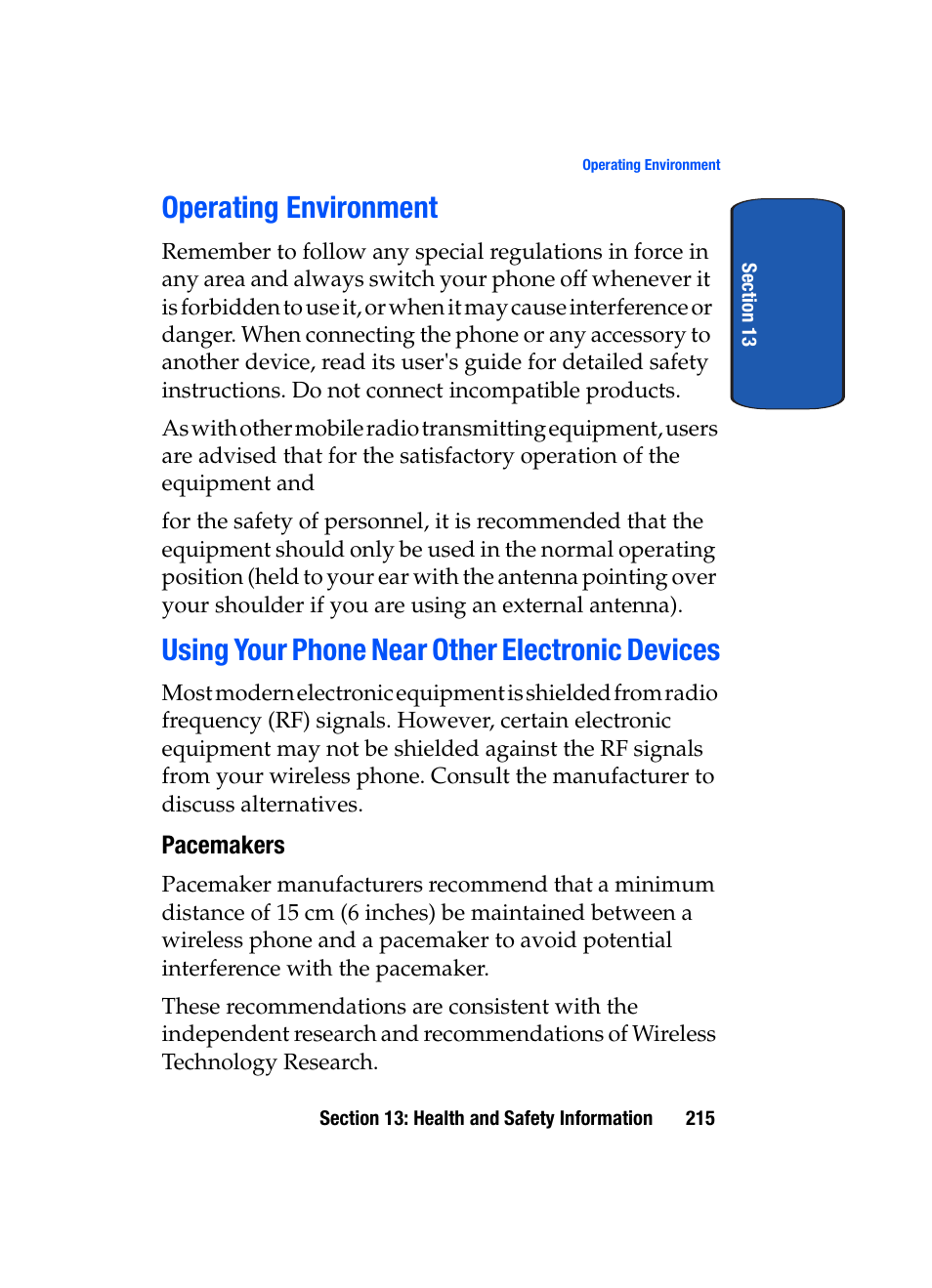 Operating environment, Using your phone near other electronic devices | Samsung SGH-T709BKBTMB User Manual | Page 219 / 242